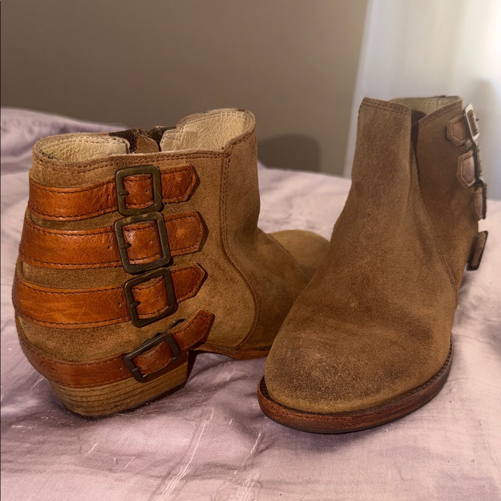 H by Bordeaux Brown and Tan Buckled Ankle Booties